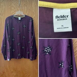 Bonobos Fielder long sleeve T-shirt with leaf graphic, eggplant purple, size XL